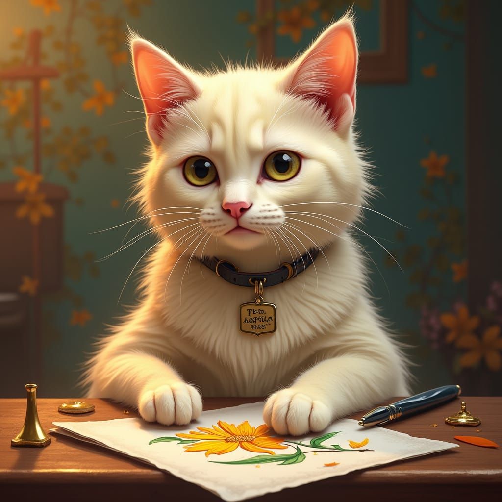 Cat at Desk Drawing Flower, Hyperrealistic Digital Art