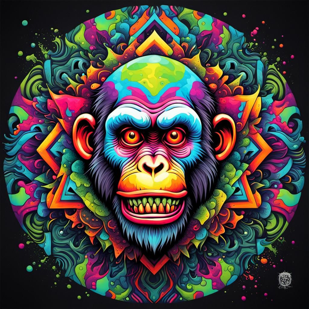 Fluorescent Geometric Mandala with Zombie Monkey Clown