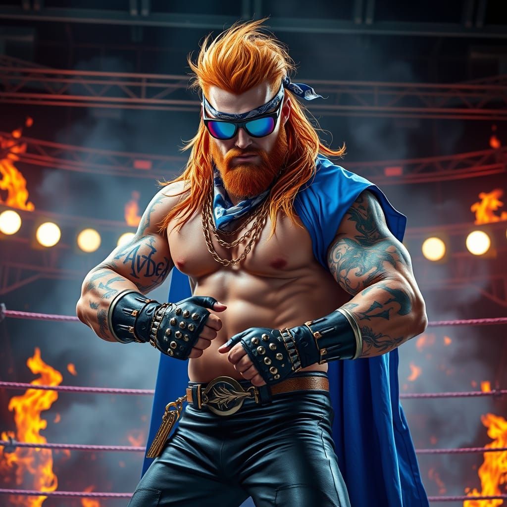 Cyberpunk Wrestler with Flame Tattoos in Neon Arena