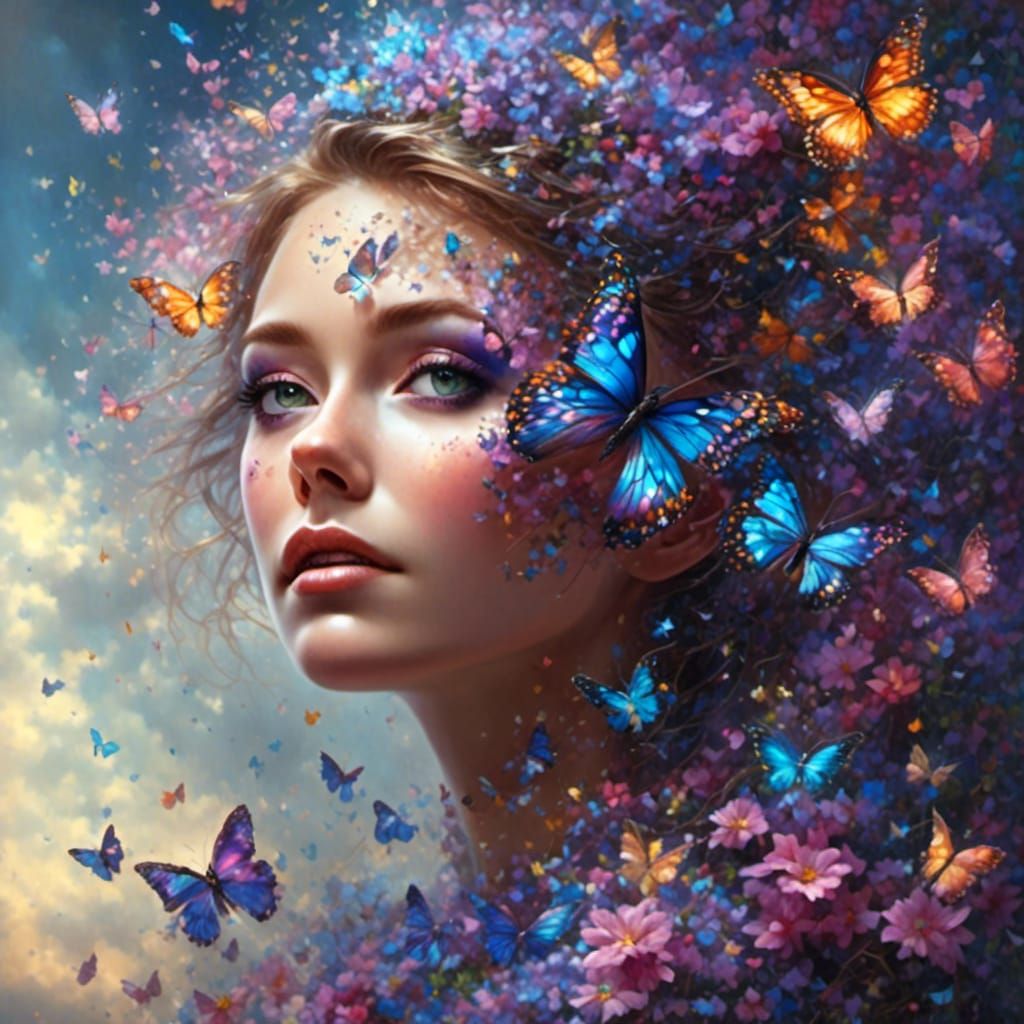 Glamorous Woman Transforms to Butterfly in Fantasy Art