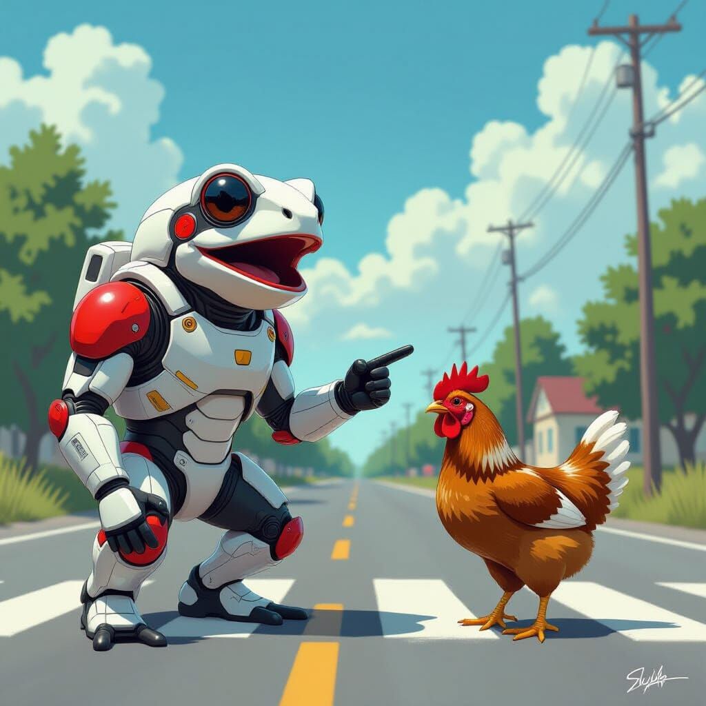 Robot Frog Shocked by Chicken: Cartoon Illustration