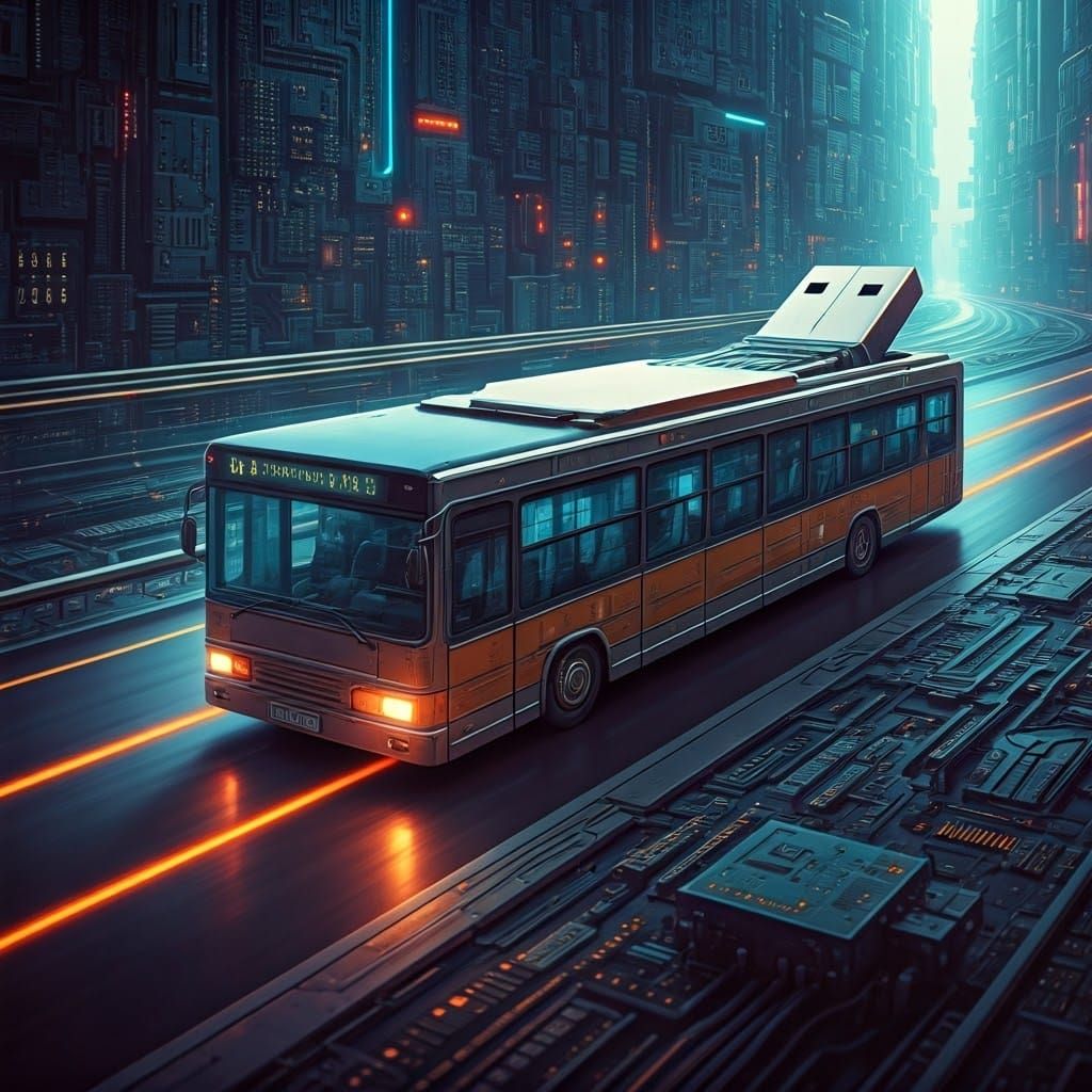 Futuristic USB Bus on Neon Highway
