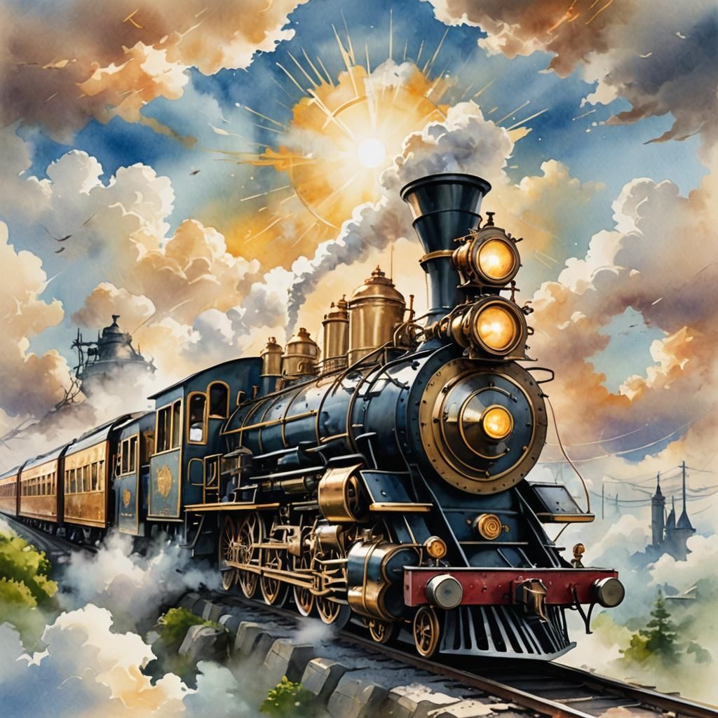 Steampunk Train Ride in Watercolor Style