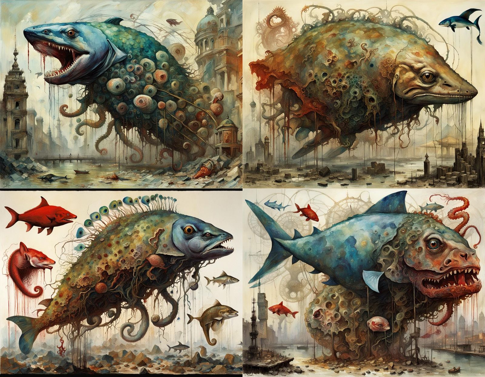 Surreal Hybrid Creature in Urban Wasteland, Vrubel Style