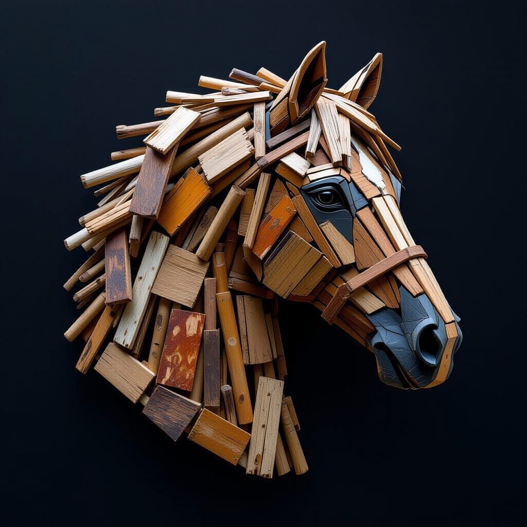 Intricate Horse Head Sculpture Made of Sticks