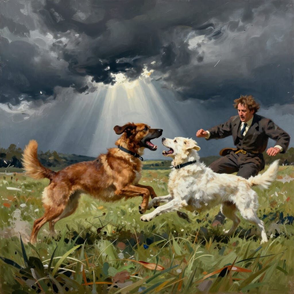 Dog Fight in Stormy Field with Dramatic Realism