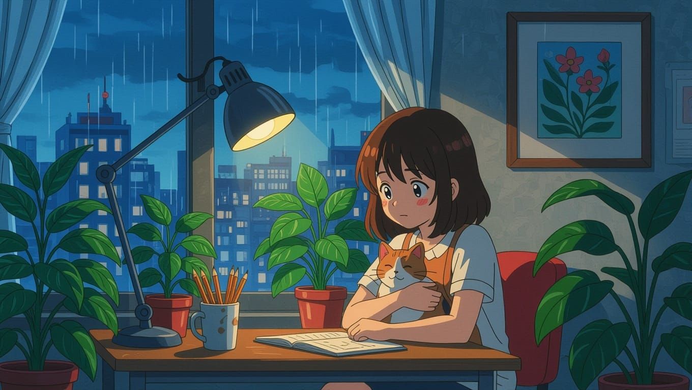 Cozy Girl Surrounded by Plants and Pencils Under Warm Desk L...