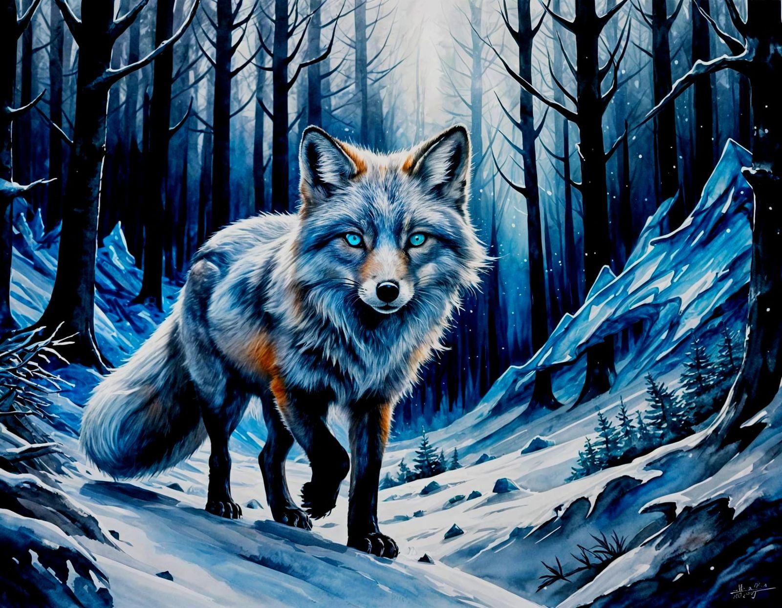 Silver Winter Fox in Abstract Watercolor Forest