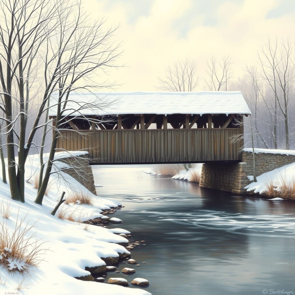 Winter Landscape Covered Bridge in New England Style
