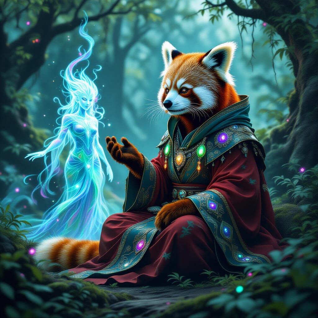 Red Panda and Forest Spirit in Dark Fantasy Style