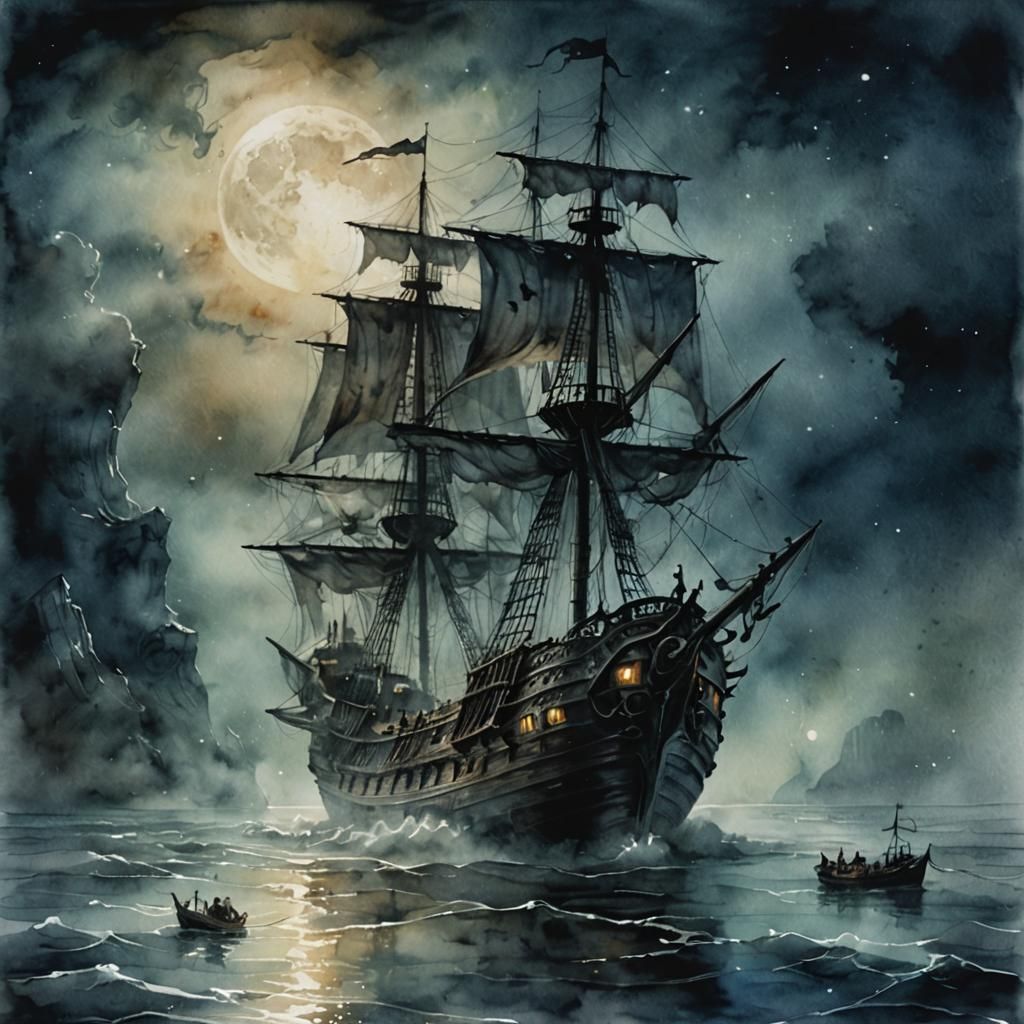 Ethereal Pirate Ship in Moonlit Fog