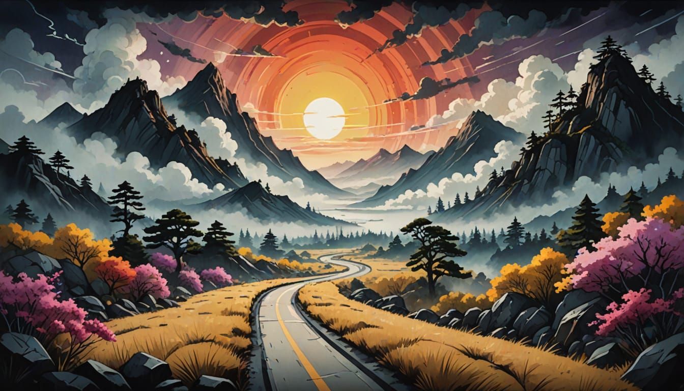 Misty Mountains Crossroads in Vibrant Digital Art