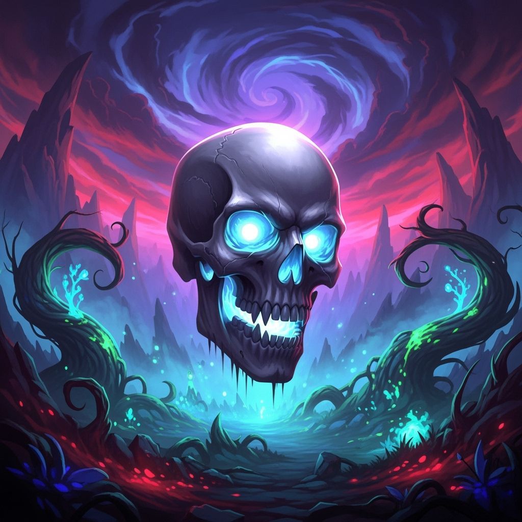 Ethereal Skull Silhouette in Dark Fantasy Landscape