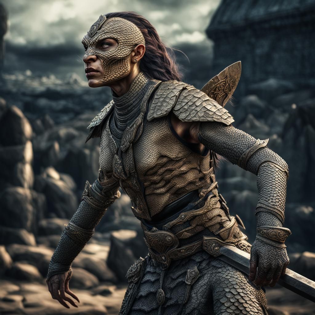 Hyperrealistic Reptilian Woman Warrior in HDR