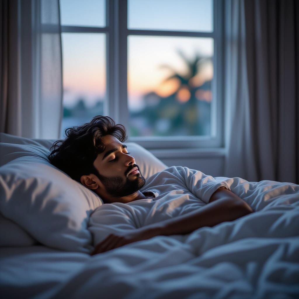 Man Lost in Thought in South Indian Bedroom at Dawn