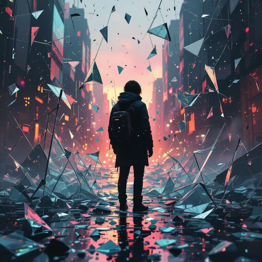 Dystopian Figure Amidst Shattered Past