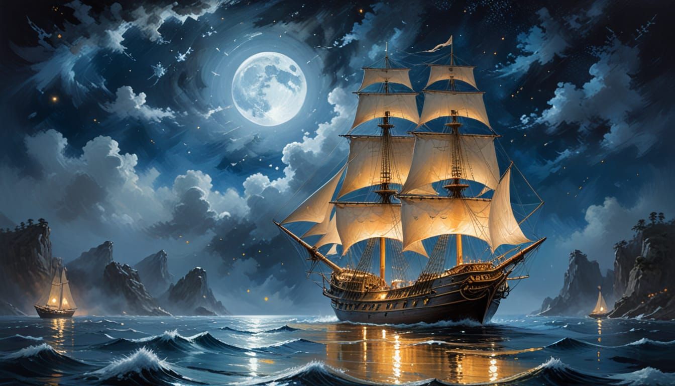 Spectral Sailing Ship Under Golden Blue Moonlit Sea