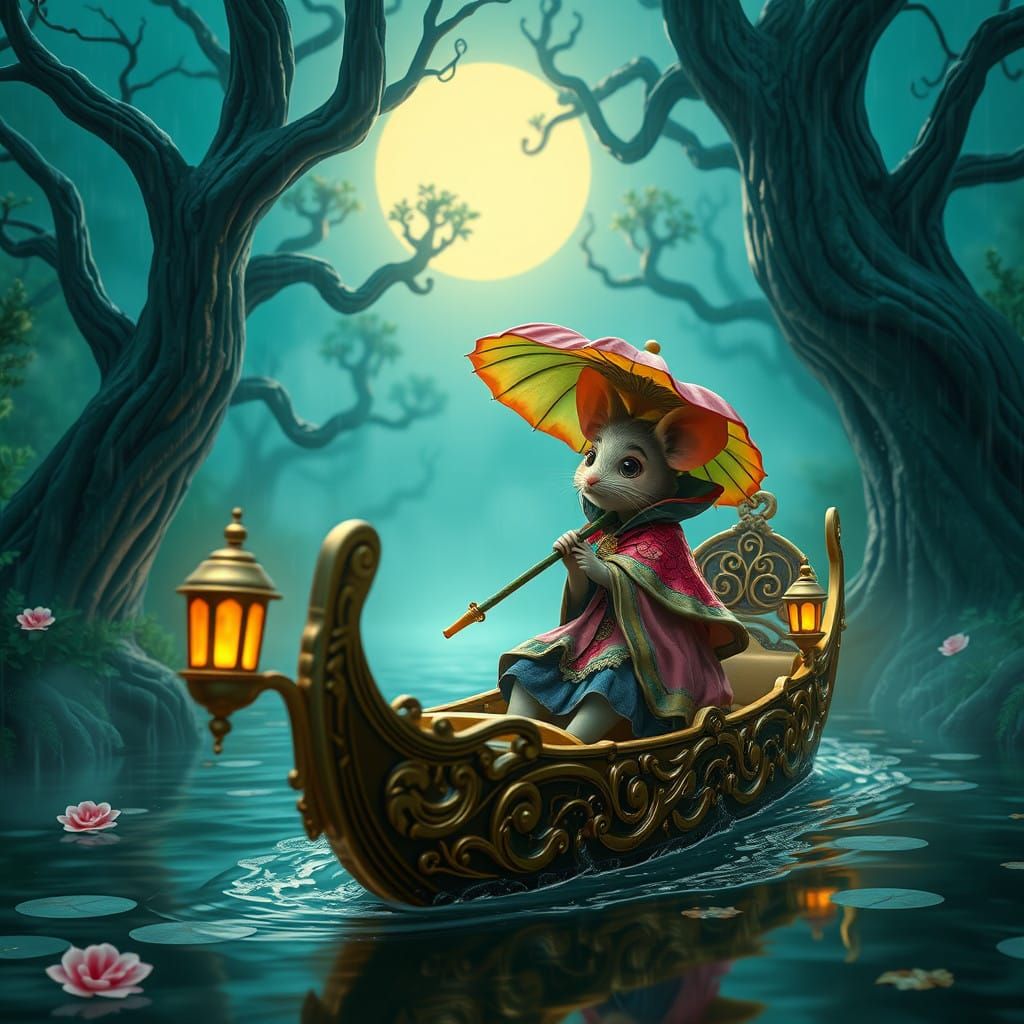 Mouse in Whimsical Gondola Rides Miniature Canal in the Rain
