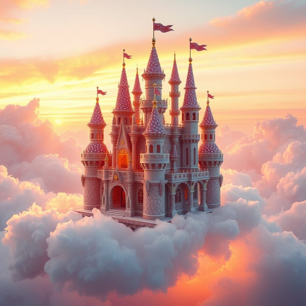 Whimsical Candy Castle Suspended in Pastel Clouds