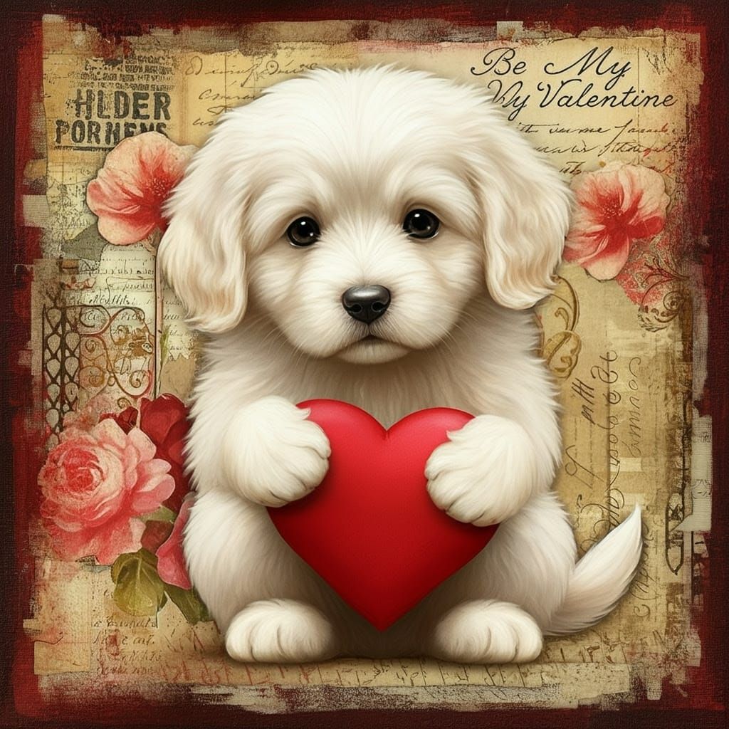 Vintage Valentine Puppy with Heart in Romantic Painterly Sty...