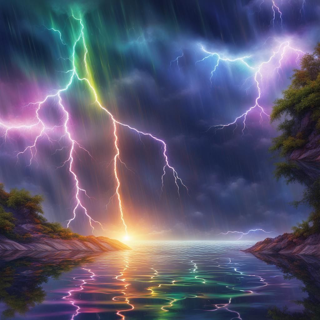 Rainbow Lightning Storm Reflected on Ocean