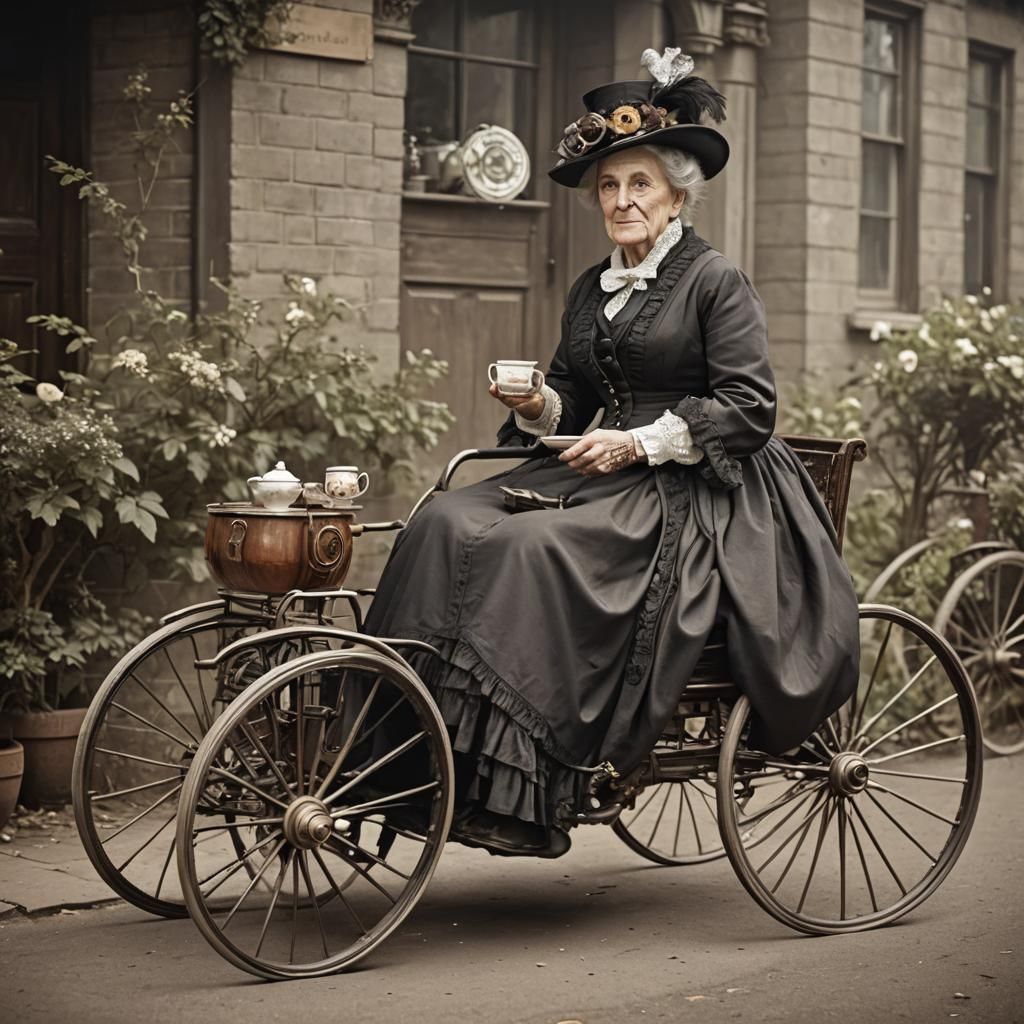 An aristocrat  granny woman with wheels instead of legs, tak...
