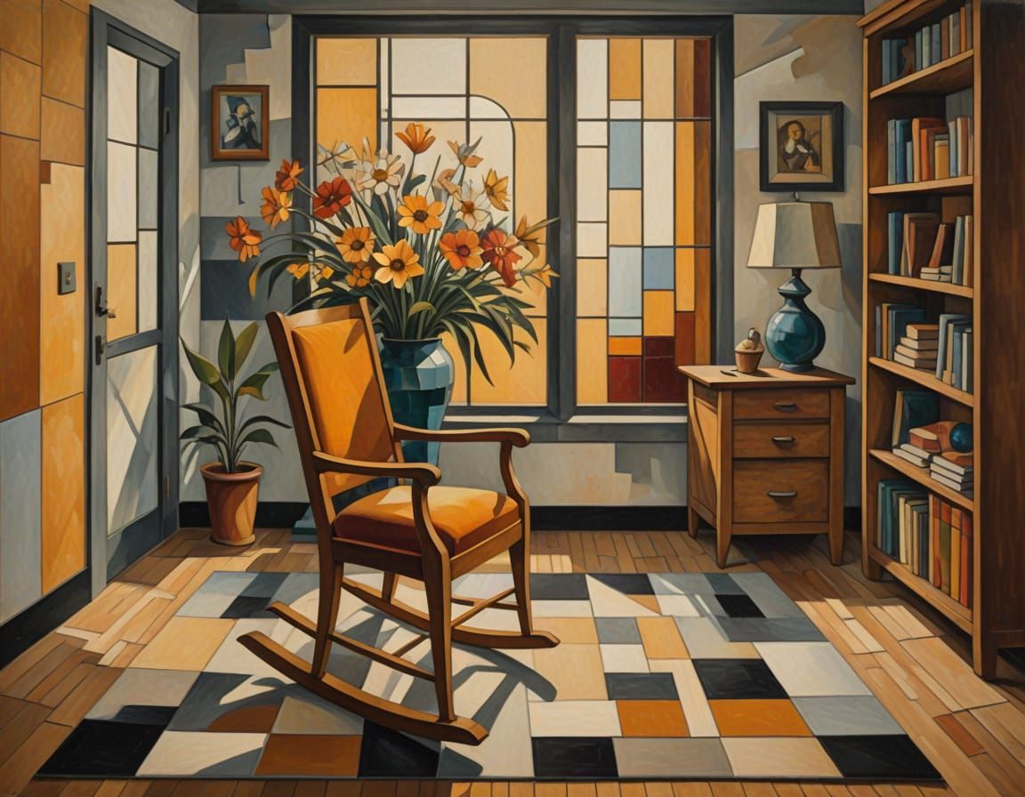 Cubist Rocking Chair Interior with Fractured Light