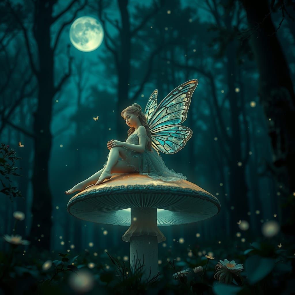 Fairy on Mushroom in Moonlit Forest