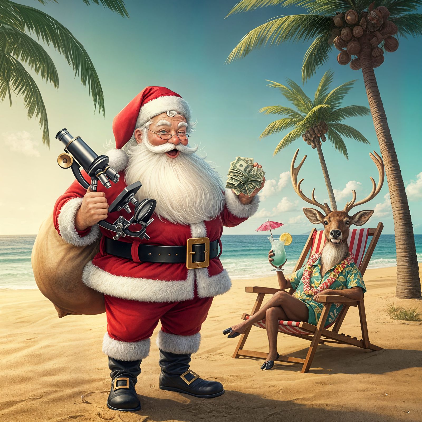 Jolly Santa Surveys Seashore with Microscope and Cash