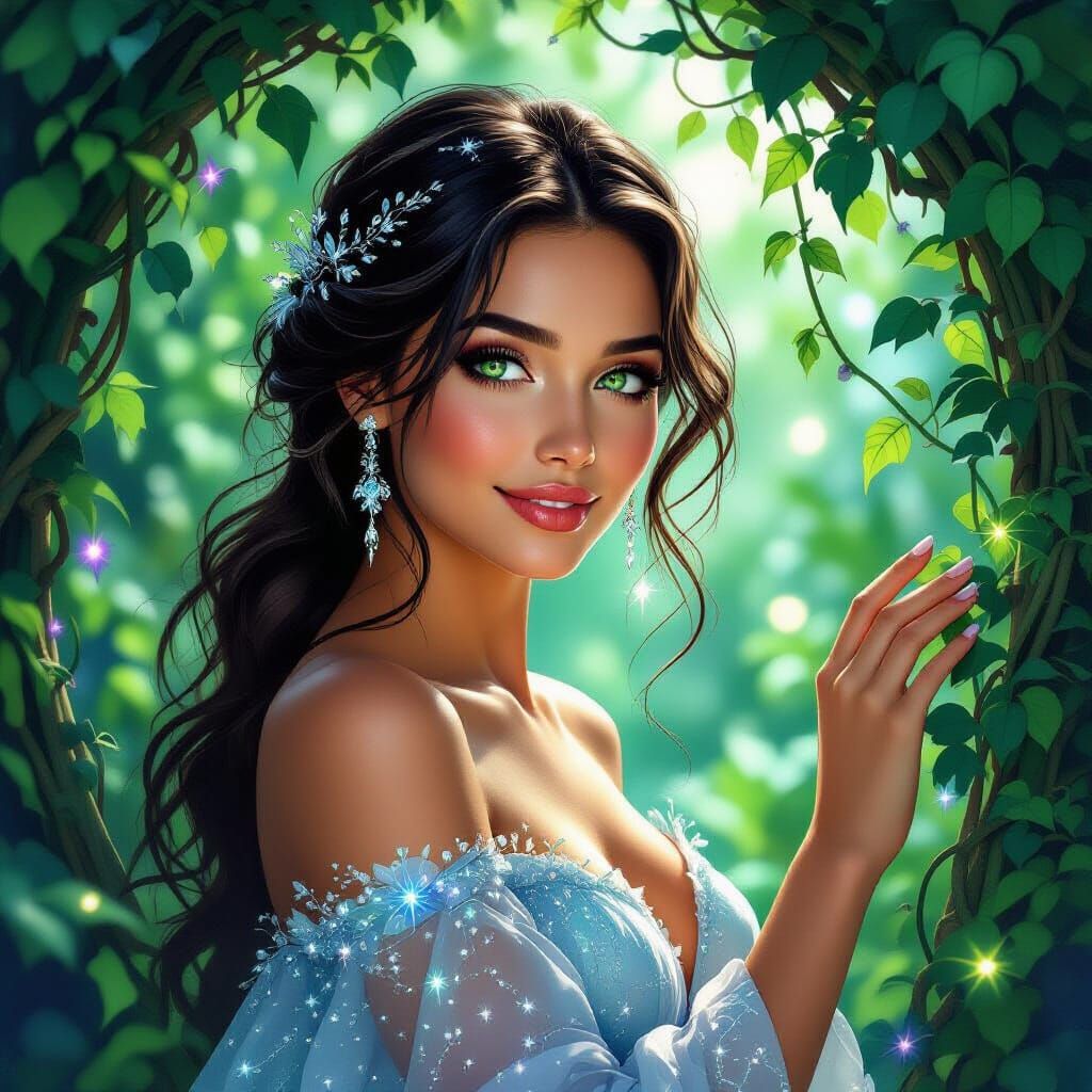 Bioluminescent Garden Portrait in Art Nouveau Style