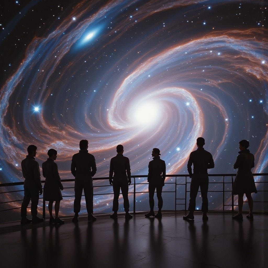 Starship Explorers Gaze at Alien Nebula in Cyberpunk Style