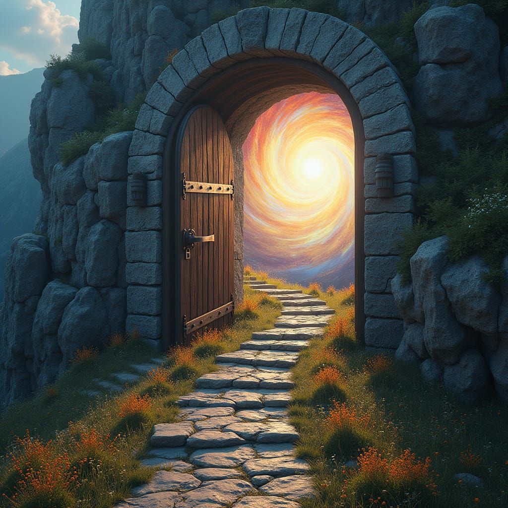 Majestic Medieval Doorway Transitions into Celestial Portal