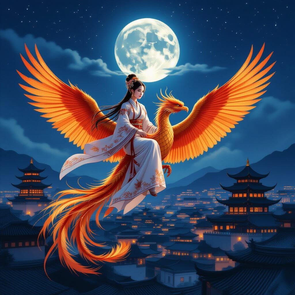 Girl on Phoenix with Dragons Over City