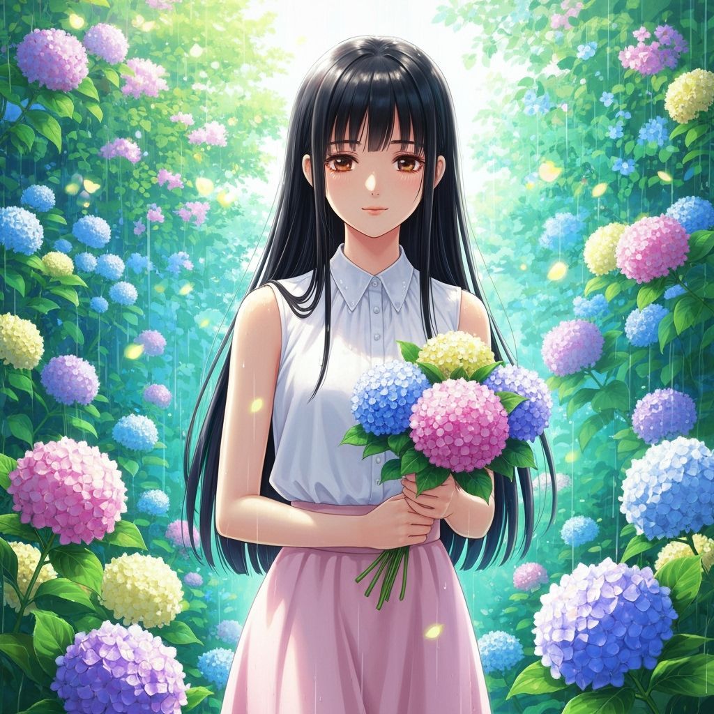 Anime Beauty in Lush Garden After Rain