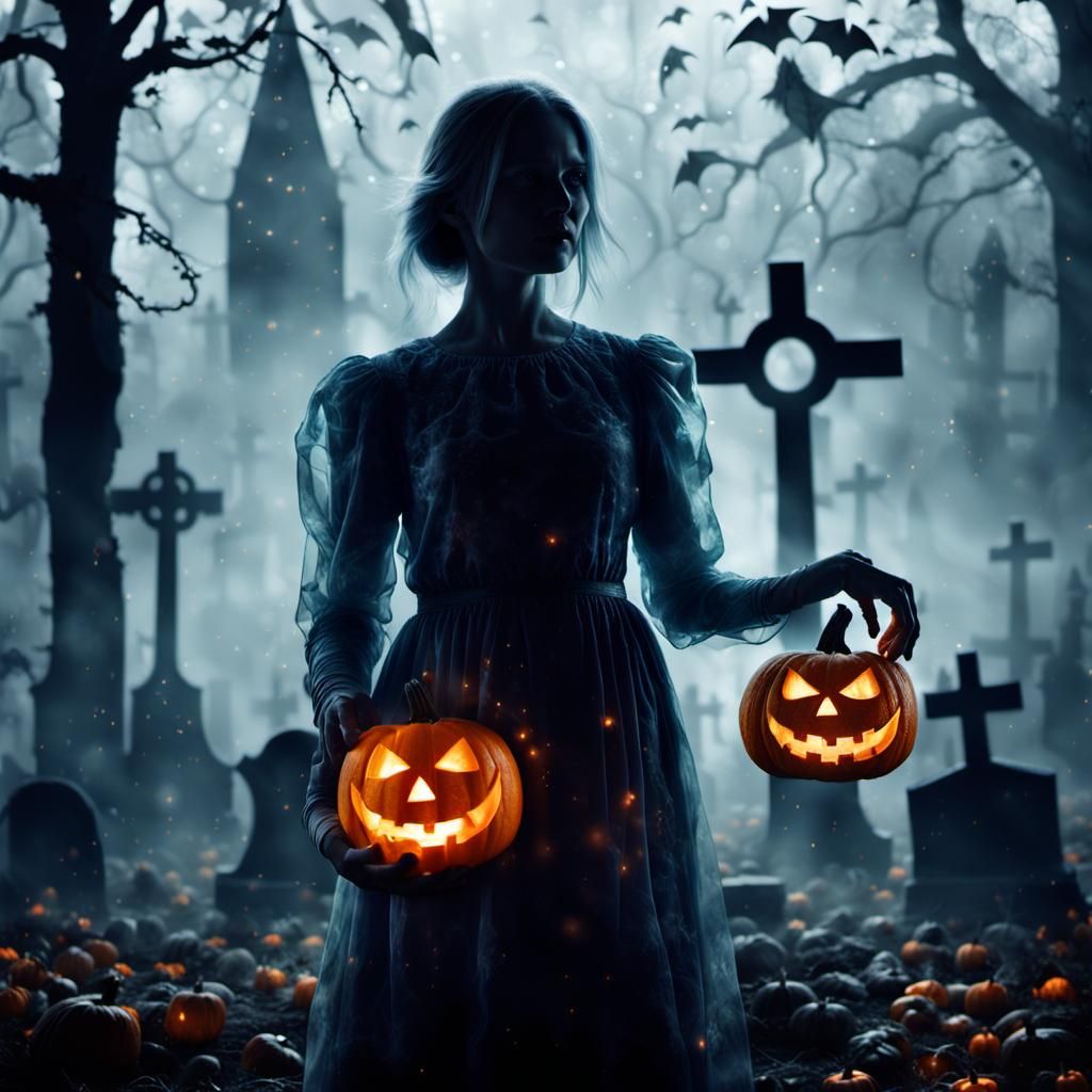 Halloween Pumpkin Woman in Mystical Graveyard
