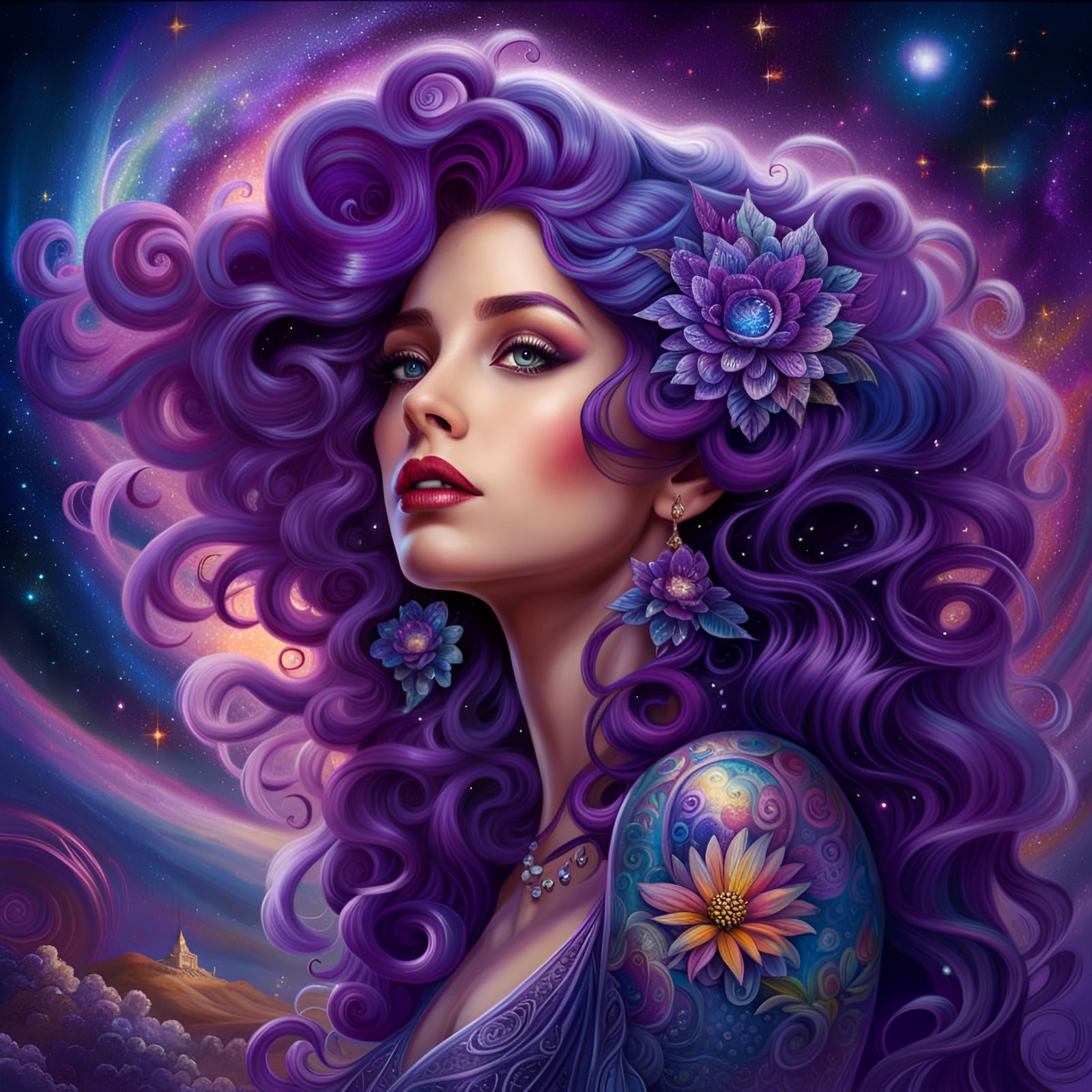 Gorgeous Woman with Galaxy Hair as Oil Painting
