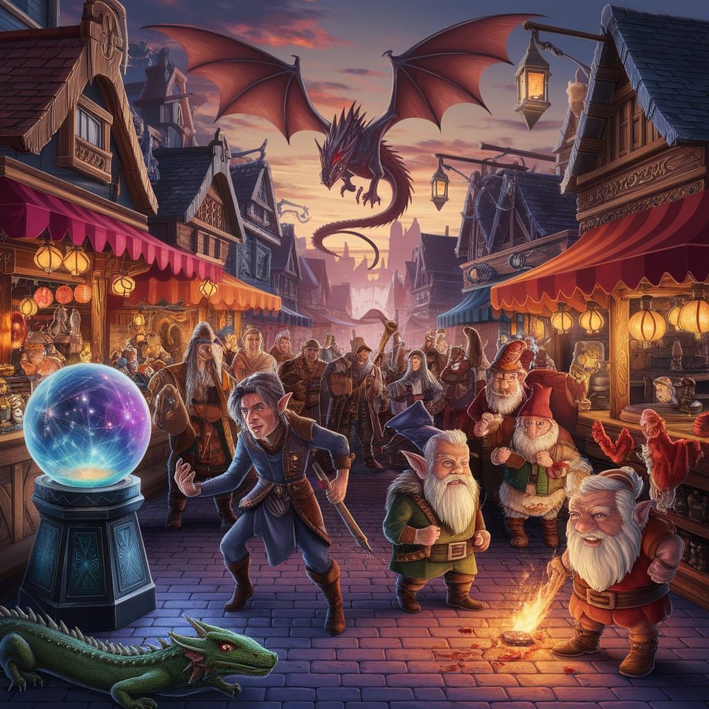 Vibrant Fantasy Marketplace in Cyberpunk Style