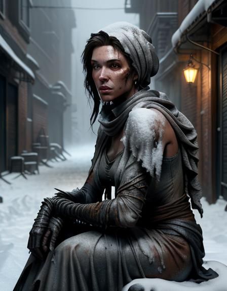 Hyper-Realistic Portrait of a Young Woman in Snowy Alley