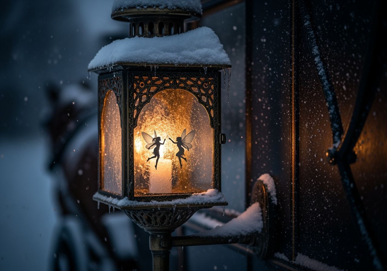 Victorian Lantern with Dancing Fairies in Dramatic Lighting