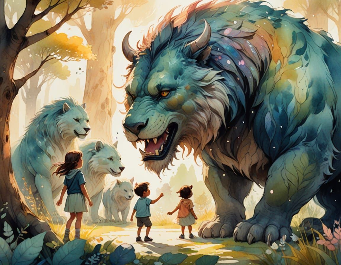 Whimsical Beast Plays with Children in Watercolor Style
