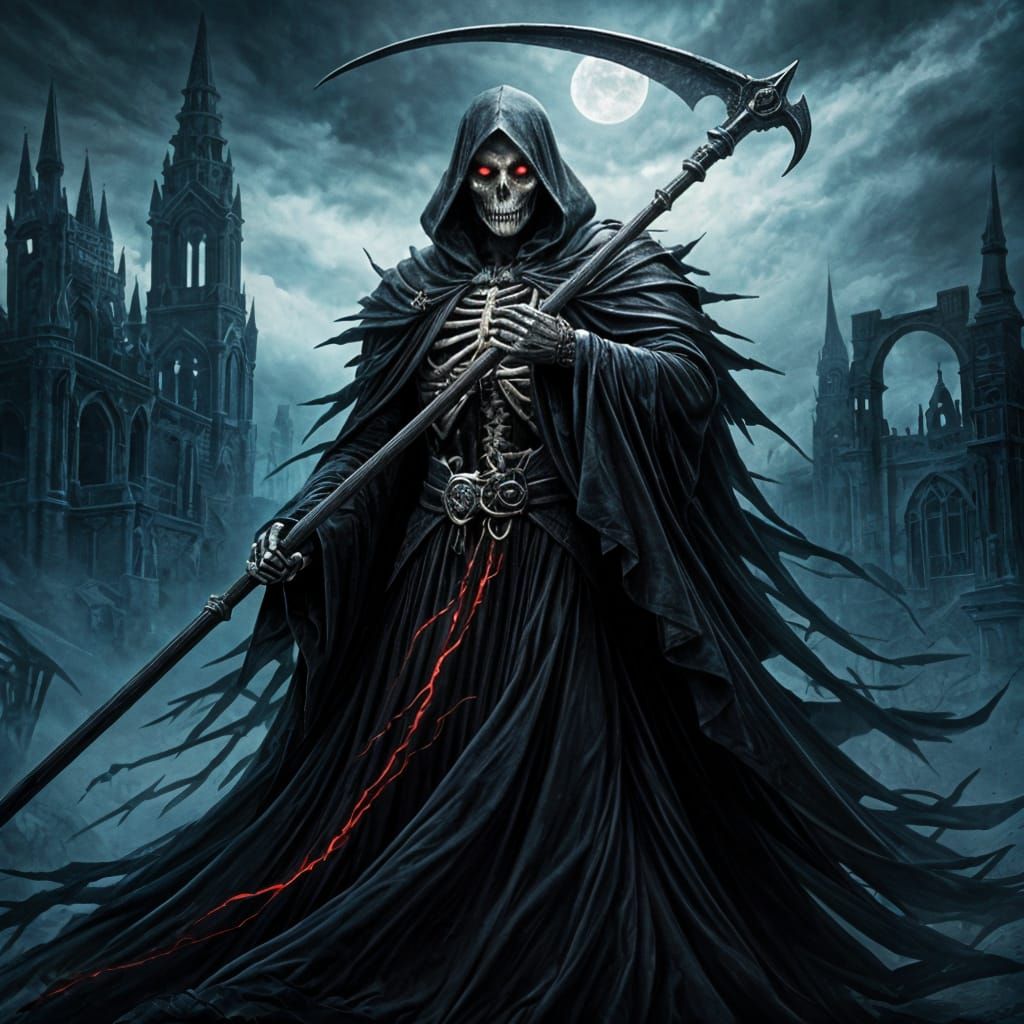 Gothic Dark Fantasy Skeleton in Ruined Cityscape, Oil Painti...