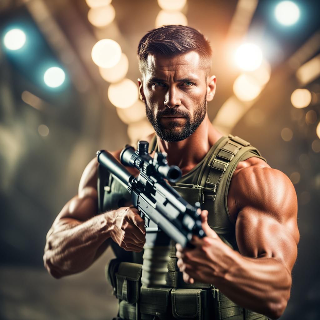 Muscular Soldier Points Blaster Rifle