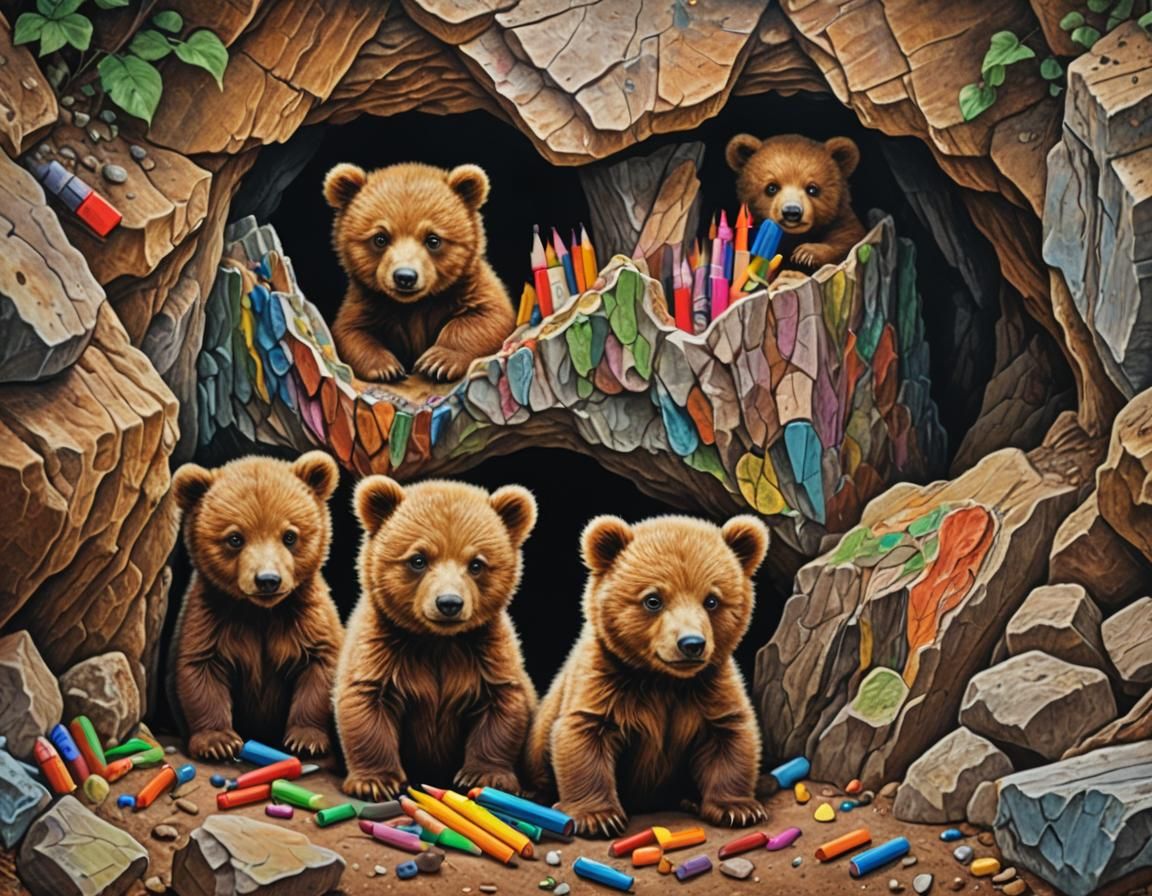 Colorful Hyperrealistic Crayon Art of Baby Bears