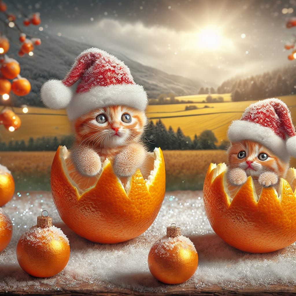 Whimsical Oranges and Kittens Christmas Scene