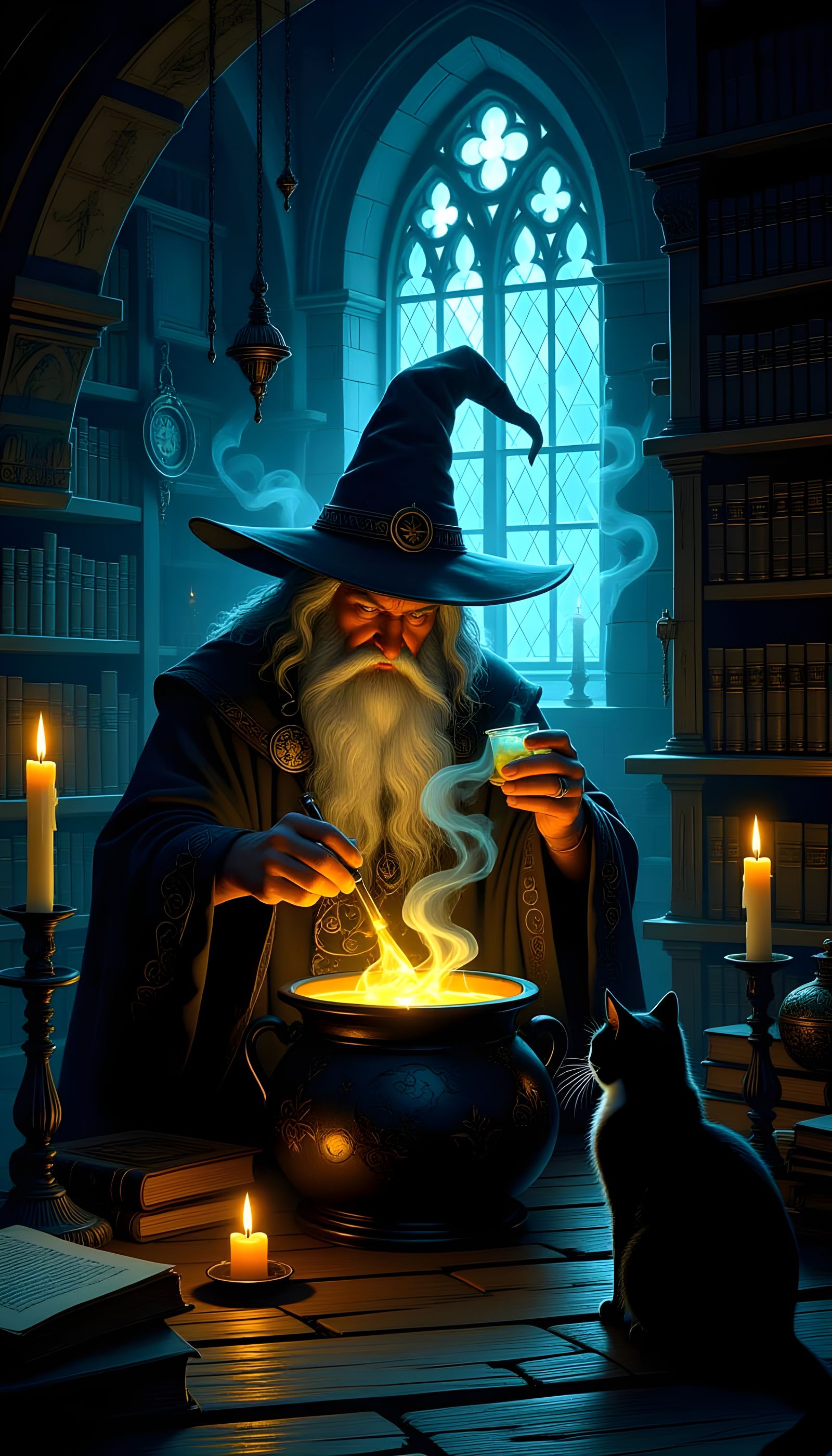 Sorcerer Brewing Potion in Dimly Lit Chamber