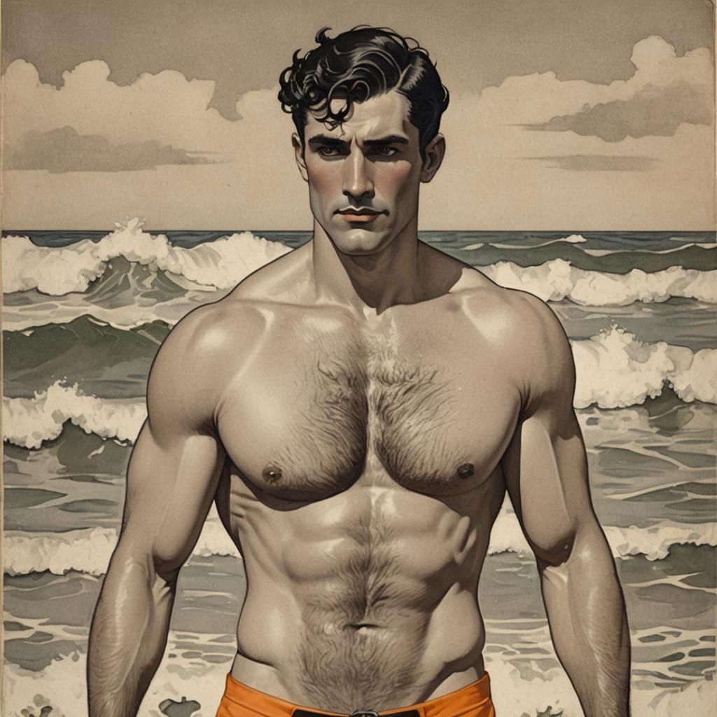 Art Nouveau Beefcake in Orange Speedo