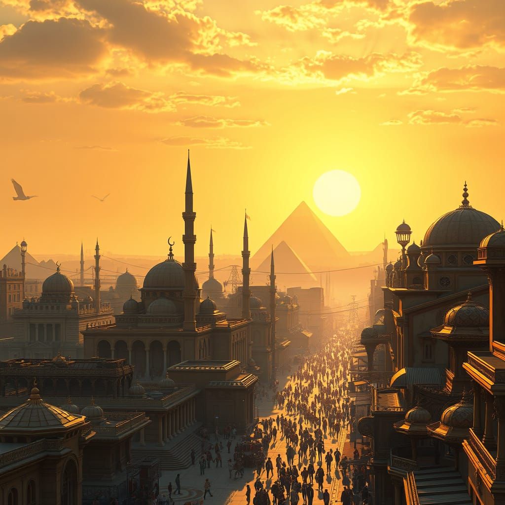 Surreal Futuristic Cairo Cityscape at Sunset