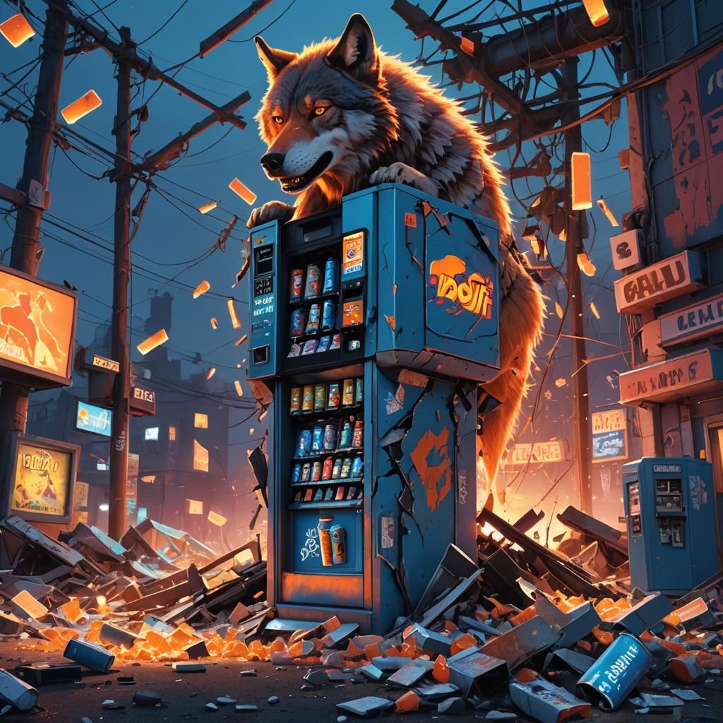 Wolf on Smashed Vending Machine in Digital Matte Painting