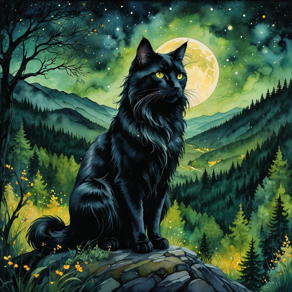 Black Cat on Forested Hill Under Night Sky