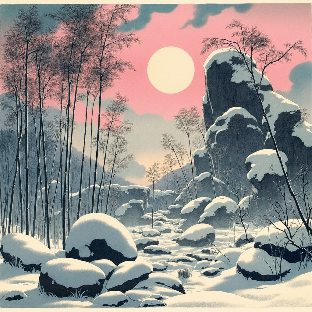 Bamboo and Rock in Snow, Japanese Lithograph Style